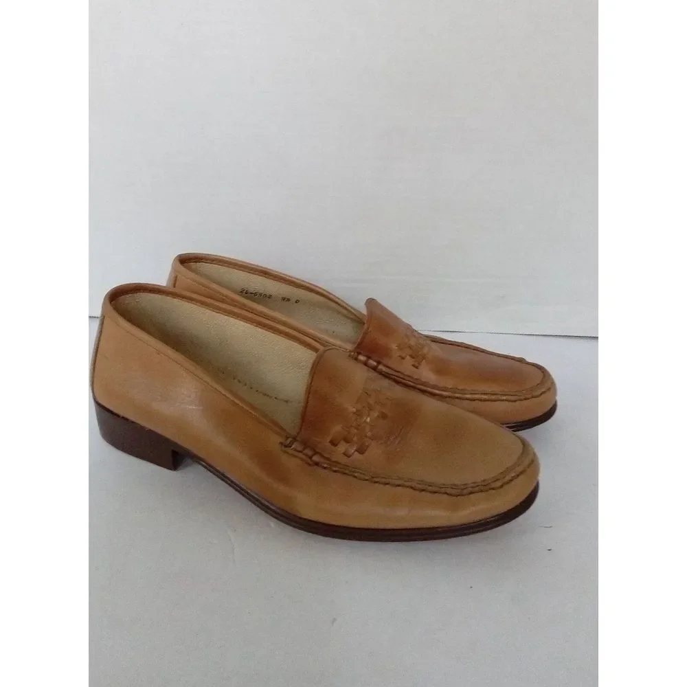 Classic Tan Leather Loafers Woven Detail‎ Slip-On Comfort Dress Shoes